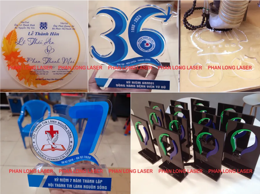 Cắt laser cnc trên nhựa mica acrylic làm quà tặng thiệp cưới nhựa mica, cúp kỷ niệm chương mica tại Quận 2 Quận 3 Sài Gòn