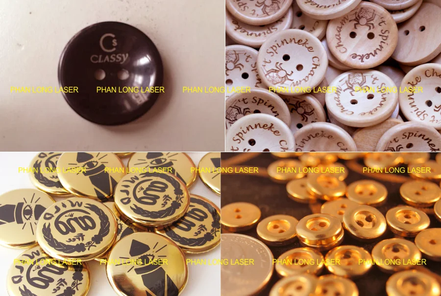 Khắc laser logo khắc chữ lên cúc nút quần áo bằng chất liệu sừng, gỗ, kim loại mạ vàng, đồng