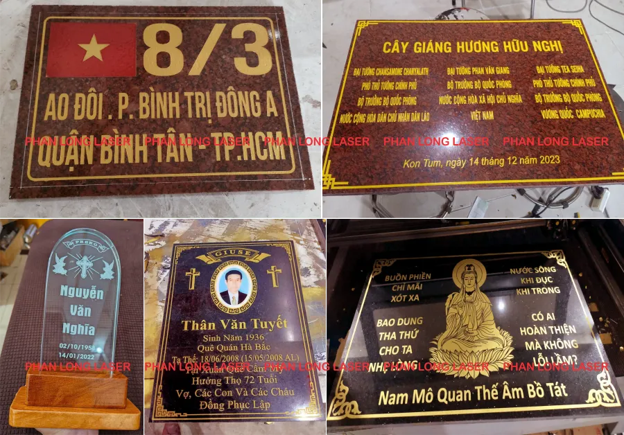 Khắc laser cnc trên đá hoa cương và thủy tinh làm bia đá bia mộ bài vị và biển bảng số nhà tại Quận 2 Quận 3 TP Hồ Chí Minh
