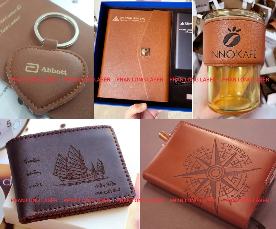 Khắc logo hoa văn thư pháp lên quà tặng da, ví da, móc khóa da, sổ da, ly cốc bọc da tại Quận 2 Quận 3 Sài Gòn