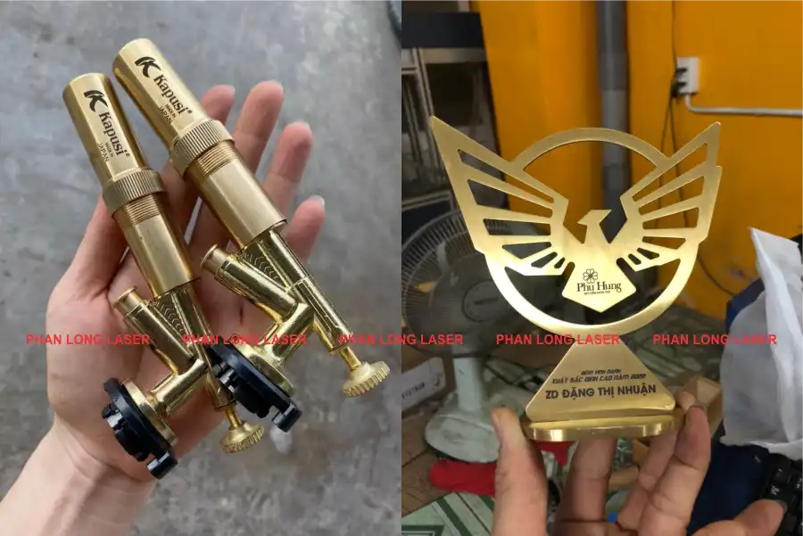 Khắc laser logo thông số lên kim loại đồng là chi tiết máy và cúp kỷ niệm chương tại Quận 2, Quận 3, Sài Gòn