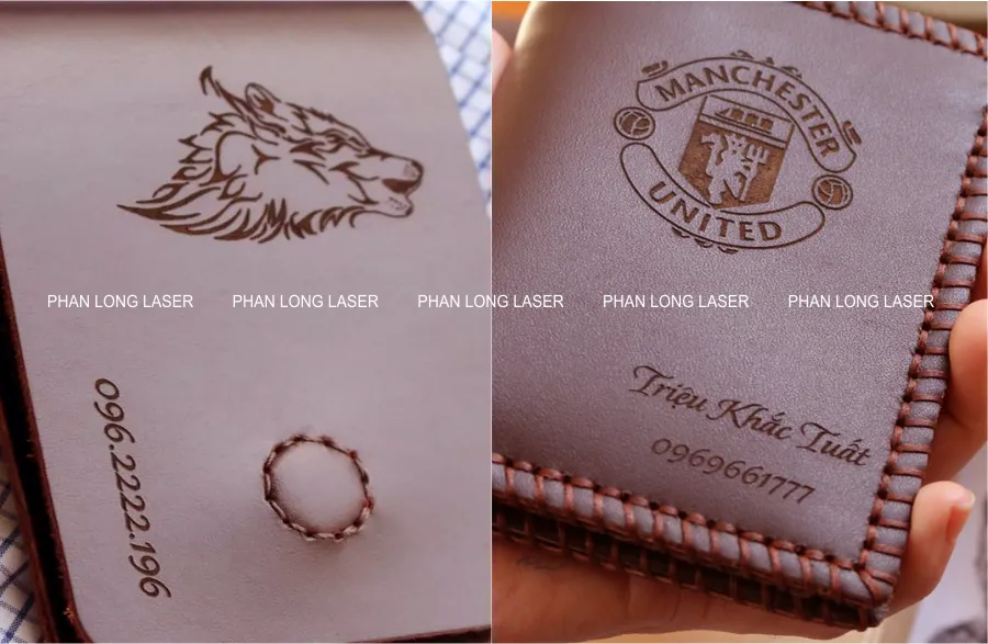 Khắc logo hình sói, khắc logo đội bóng manchester lên ví da, bóp da theo yêu cầu