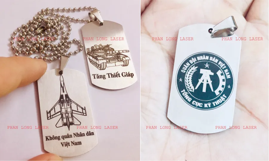 Thẻ bài mặt dây chuyền dogtag theo phong cách lính Mỹ được khắc logo tăng thiết giáp, logo không quân Việt Nam và logo Tổng cục kỹ thuật