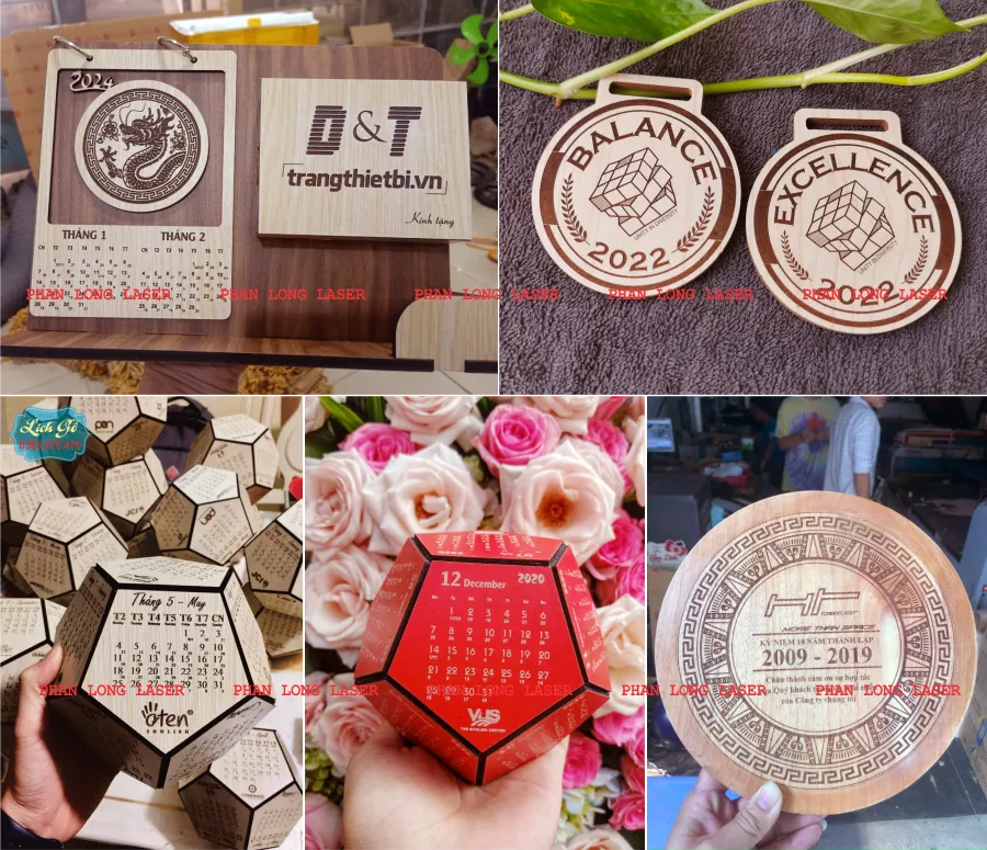 Làm lịch gỗ, làm huy chương gỗ, làm kỷ niệm chương gỗ theo yêu cầu và khắc laser logo lên sản phẩm tại Hà Nội Làm lịch gỗ, huy chương gỗ, kỷ niệm chương gỗ khắc laser logo hình rồng trống đồng tại Hà Nội