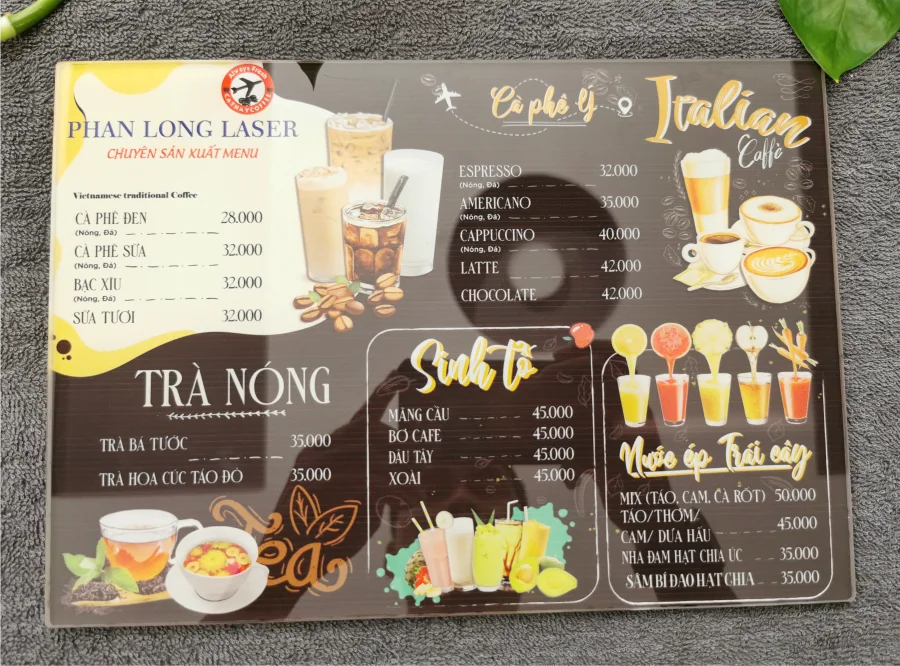 Làm menu thực đơn bằng chất liệu nhựa mica acrylic cho quán cafe tại Bắc Ninh, Bắc Giang, Thái Nguyên, Yên Bái, Tuyên Quang, Hải Dương, Hưng Yên, Lạng Sơn, Quảng Ninh