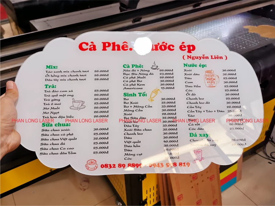 Làm menu thực đơn bằng chất liệu nhựa mica acrylic cho quán nước ép cà phê tại Cần Thơ, Ninh Kiều, Cái Răng, Ô Môn, Thốt Nốt, Phong Điền, Thới Lai, Cờ Đỏ, Vĩnh Thạnh