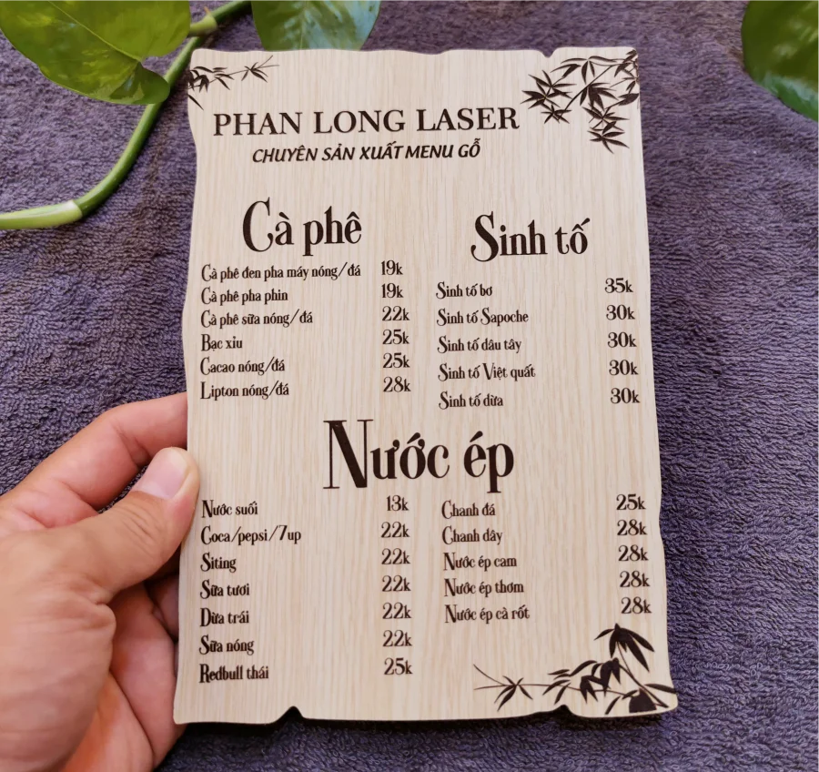 Làm menu thực đơn bằng chất liệu gỗ công nghiệp MDF cho quán cà phê sinh tố nước ép trái cây Quảng Nam, Quảng Trị, Quảng Ngãi, Quảng Bình, Thừa Thiên Huế, Bình Định, Phú Yên