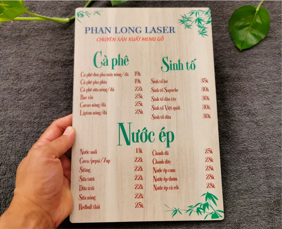 Làm menu thực đơn cho quán cà phê sinh tố nước ép trái cây bằng nhựa mica tại Phú Thọ, Vĩnh Phúc, 