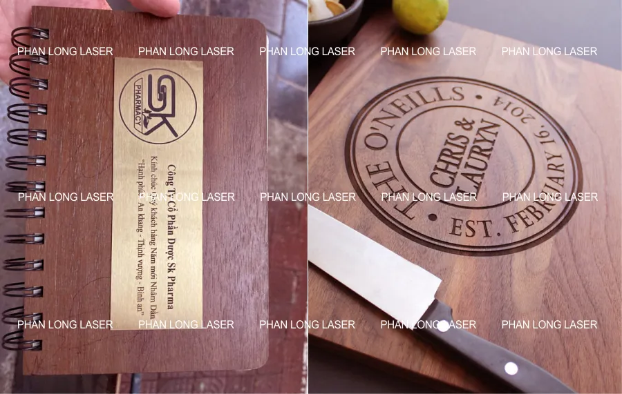 Khắc laser cnc logo nội dung lên sổ gỗ và thớt gỗ theo yêu cầu làm quà tặng lưu niệm