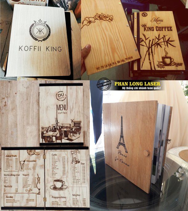 Làm sổ menu gỗ khắc hình, làm sách menu gỗ khắc logo tại Tphcm Sài Gòn, Hà Nội, Đà Nẵng và Cần Thơ